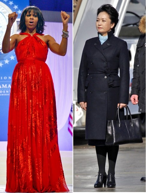 Fashion icons: Michelle Obama's inaugural dress (left) and Peng Liyuan in her Exception de Mixmind coat and handbag. Photos: AFP, Reuters