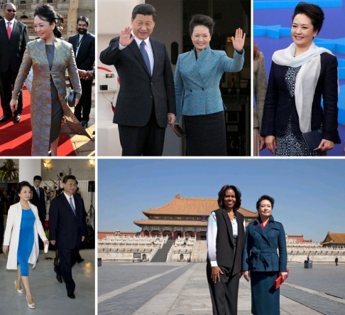 China's first lady Peng Liyuan on the diplomatic circuit in (clockwise from above left) Port of Spain, Trinidad and Tobago; Pretoria, South Africa; Dusseldorf, Germany; Brussels, Belgium; and Beijing, with Michelle Obama. Photos: AP, AFP, Reuters