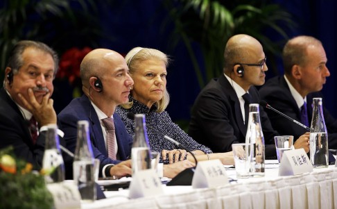 CEOs (from left) Andrew Liveris of Dow Chemical, Jeffrey Bezos of Amazon, Virginia Rometty of IBM, Satya Nadella of Microsoft, Dennis Muilenburg of Boeing, listen as Chinese President Xi Jinping speaks at a U.S.-China business roundtable. Photo: Reuters