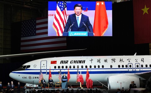 President Xi Jinping speaks after his tour of the Boeing assembly line in Everett, Washington. Photo: AFP<br />
