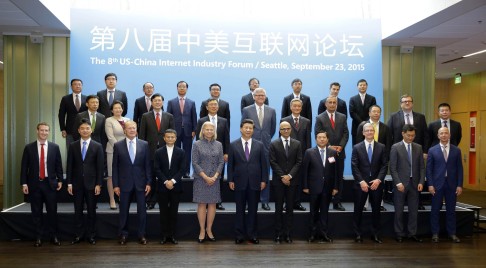 Chinese President Xi Jinping (front, centre) with business leaders at the Microsoft campus in Redmond, Washington, on Wednesday.They include Facebook's Mark Zuckerberg, Alibaba's Jack Ma, Microsoft's Satya Nadella, Apple's Tim Cook, Tencent's Pony Ma and Amazon's Jeff Bezos. Photo: AFP