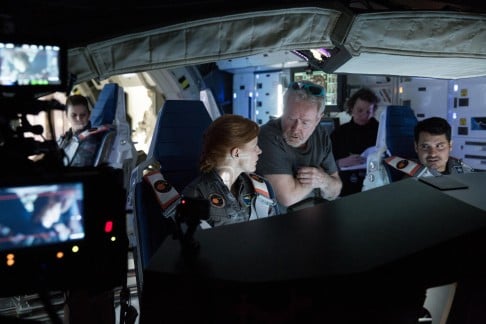 Director Ridley Scott (centre) with Jessica Chastain.
