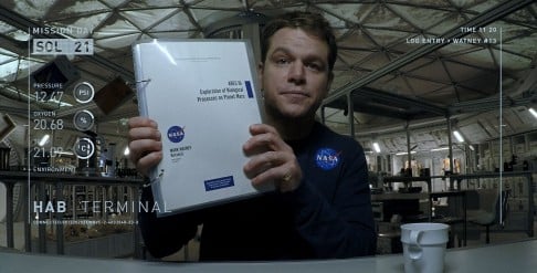 Damon stars as Mark Watney, a botanist left behind on a mission to Mars.
