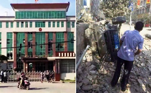 A provincial government building (left) and a vehicle damaged in the blasts. Photos: Weibo