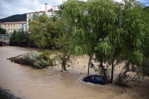 Flooding in Lodeve, in France's Hérault department. The floodwaters  damaged whole swathes of vineyards around the town.