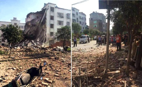 Part of a building (left) collapsed after the multiple explosions in Liucheng county, Guangxi province. Photos: Weibo