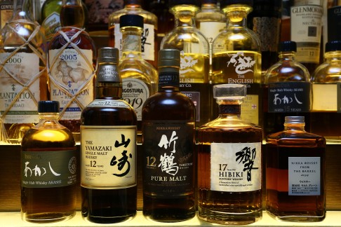 Japanese whiskies at a bar in Central, Hong Kong.