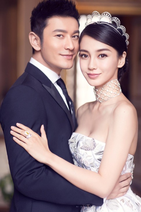 Actress Angelababy shows off her pear-shaped six-carat diamond Chaumet Josephine wedding ring and the jewellery she wore at the wedding all came from Chaumet.