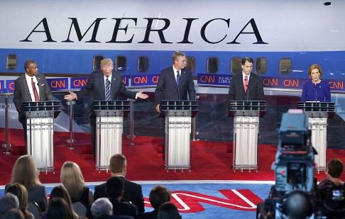 Republican U.S. presidential candidates (left to right) Ben Carson, Donald Trump, Jeb Bush, Scott Walker and Carly Fiorina debating at the Ronald Reagan Presidential Library. Photo: Reuters