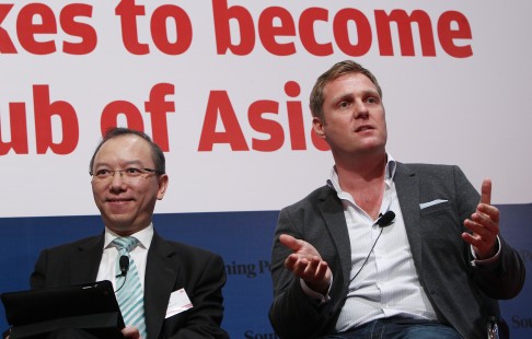 In April, Singaporean bank DBS and Hong Kong incubator Nest launched a fintech accelerator to provide mentorship and assistance to eight start-ups. Nest chief executive Simon Squibb is pictured on the right. Photo: Jonathan Wong