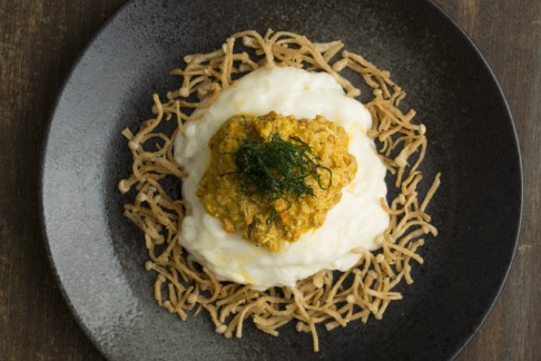 Wok turned egg with hairy crab roe at Mott 32.