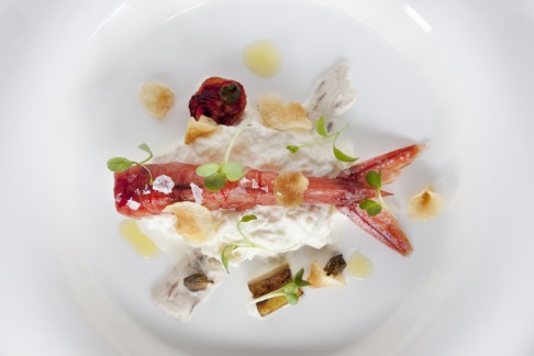 Stracciatella cheese Sicilian red prawn with eggplant anchovy mousse, A typical dish from Cosimo Taddei at Dine Art.