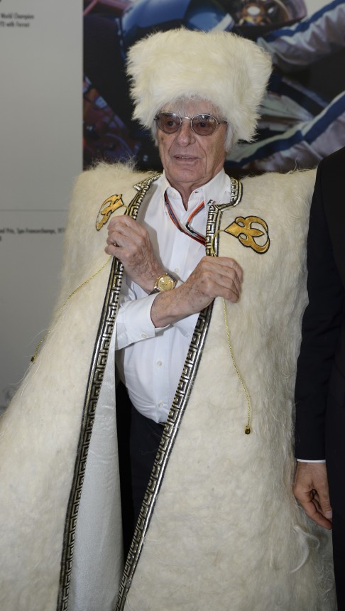 Bernie Ecclestone hammed it up by wearing a traditional local Caucasian outfit in the paddock during a free practice session in Sochi ... all in the name of playing to his audience and drumming up more profits in a new market. Photo: AP