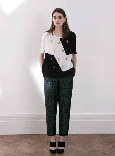 T-shirt with hand-beaded silk front and textured trousers by Nocturne