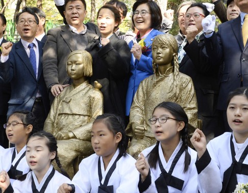 Statues of Korean (L) and Chinese girls, symbolising "comfort women" were unveiled at a ceremony in Seoul last month.  Photo: Kyodo