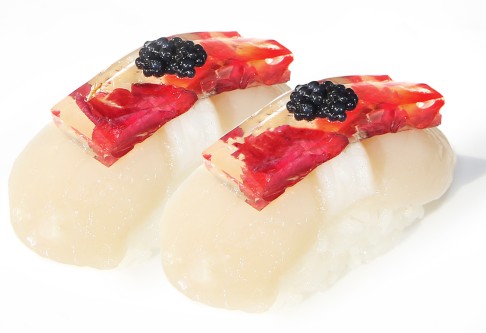 Deluxe scallop with caviar and sake rose jelly sushi from Shiro restaurant
