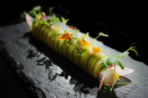 Zafran’s theatre of tapas dish, cucumber and Basque kingcrab cannelloni mixed with sour cream