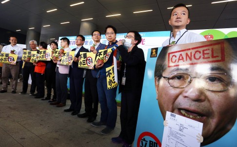 Lawmakers hold placard protest against TSA outside Legco in November. Photo: Jonathan Wong