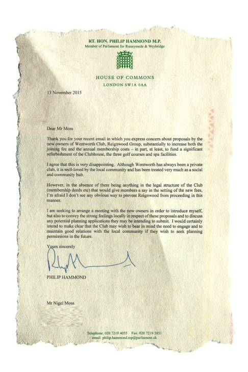 Foreign Secretary Philip Hammond's letter reassuring club members.