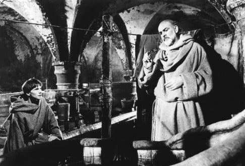 Sean Connery (right) and Christian Slater in a still from the film adaptation of The Name of the Rose. 