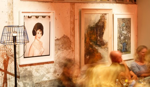 The “Hanging Out” exhibition at Ping Pong Gintoneria, in Sai Ying Pun, featuring (from left) a portrait of Hong Kong actress Li Li-hua, by Yau Leung; Autumn Leaves, by Jackson Yu; and Untitled, by Italian artist Antonio Casadei.