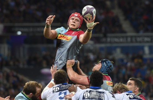 Harlequins lock Sam Twomey reaches for the ball during the English side’s 26-19 loss to Montpellier in the European Rugby Challenge Cup final last Friday.