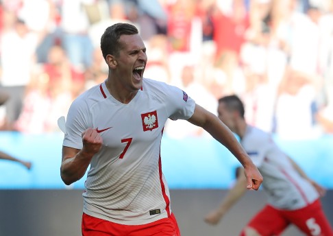 Milik celebrates his goal for Poland. Photo: AFP