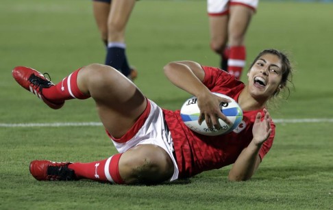 Canada’s Bianca Farella reacts after scoring a try during a women’s rugby sevens quarter-final match against France in Rio on Sunday. Photo: AP