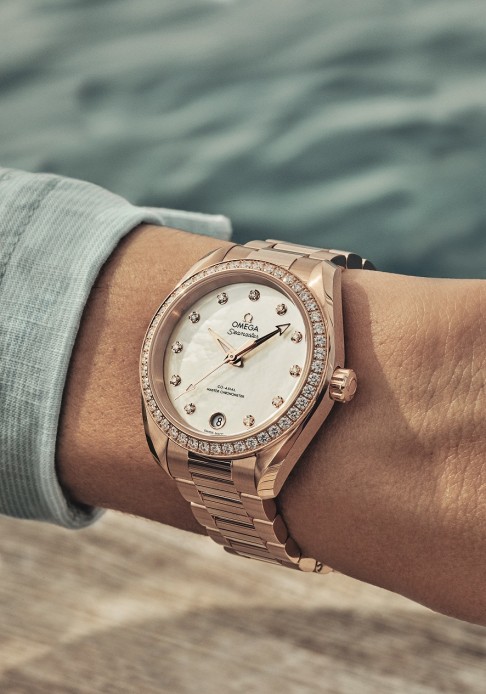 A white pearled mother-of-pearl dial adds lustre to the Omega Seamaster Aqua Terra.