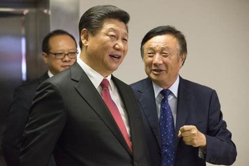 Xi Jinping (left) is shown around the offices in London of China’s Huawei Technologies by its president Ren Zhengfei during the Chinese leader’s state visit to the UK last week. Photo: AFP