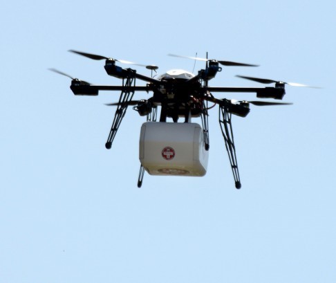 A drone is shown delivering medical supplies in Vancouver in July. Drones with chutes attached can be used to ferry heavier supplies or payloads to hard-to-reach geographical areas or war zones where it is unsafe for choppers to fly. Photo: AP