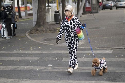 She may not be going up the aisle, but the trend for matching clothes for pets has clearly caught on with this woman walking down a street in Beijing. Photo: AFP