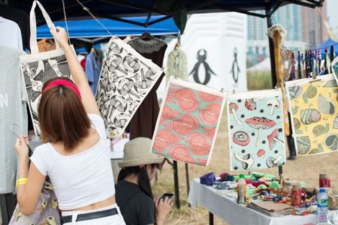 Bags for sale at the Clockenflap Market in West Kowloon.