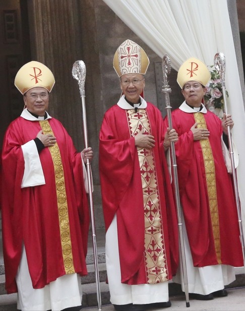 From left: Auxiliary Bishop Michael Yeung Ming-cheung; Bishop of Hong Kong Cardinal John Tong Hon; Auxiliary Bishop of Hong Kong Stephen Lee Bun-sang