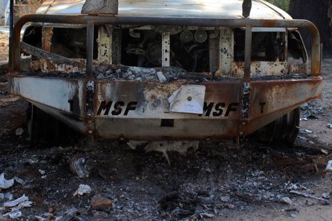 In this photograph from November 10, a burnt-out vehicle is seen inside the premises of the damaged Medecins Sans Frontieres hospital in Kunduz. Photo: AFP