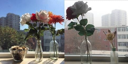 The view from Sharon Wang’s Beijing flat on October 14, 2014, and on Monday. Photos: Sharon Wang.