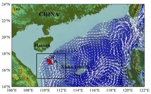 The red square and red triangle in the area south of Hainan Island represent the locations where the deep eddies were recorded by the mooring buoys. China’s nuclear sub base is off the south coast of Hainan. Photo: Handout