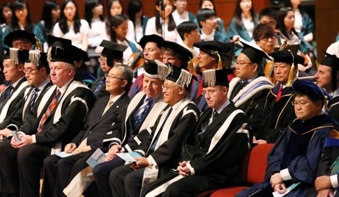 HKU vice-chancellor Professor Peter Mathieson (centre) at the inauguration ceremony for new students. A good university education should train a student to develop the confidence to challenge authority or dogma. Photo: Nora Tam