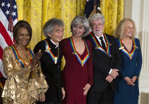 From left: actress and Broadway star Cicely Tyson, Ozawa, actress and singer Rita Moreno, filmmaker George Lucas and singer-songwriter Carole King attend the Kennedy Centre Honorees reception at the White House in Washington. Photo: EPA