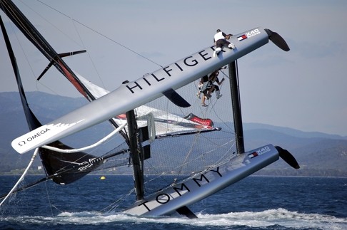 Tommy Hilfiger nearly capsizing during the 2008 Extreme Sailing Series in Hyeres, France. Photo: Tornado Sport