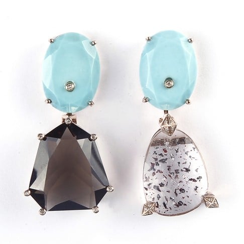 Turquoise, diamond, rutilated topaz and smoky quartz earrings by Lama Hourani.