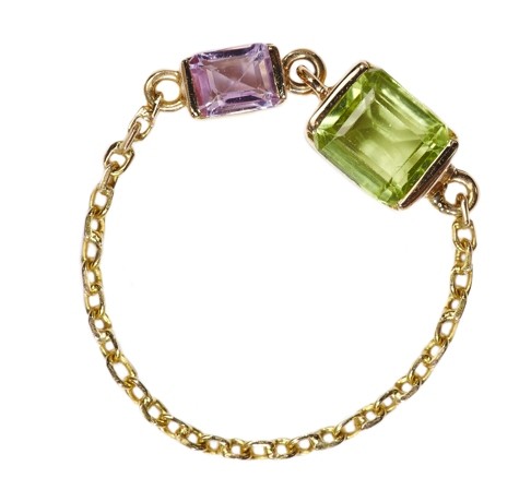 Peridot & pink sapphire chain ring by Yi Guo.