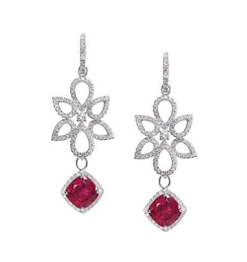 Detachable diamond hoops with rubellite tourmaline drops by Tayma.