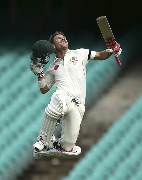 Australia’s David Warner hit a furious 100 of just 82 balls on day five. Photo: AP