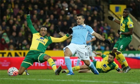 Manchester City's Sergio Aguero scores their first goal. Photo: Reuters