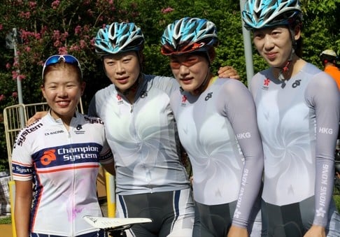 Women’s team pursuit members Leung Bo-yee (left), Meng Zhaojuan, Pang Yao and Yang Qianyu, have not given up their Rio hopes just yet. Photo: K.Y. Cheng