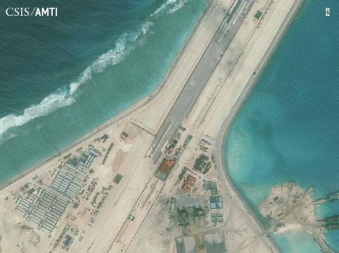 A satellite image of the central part of the Subi Reef runway. China will invite private investment to build infrastructure on islands it controls in the South China Sea and will start regular flights to one this year, state media have said. Photo: Reuters
