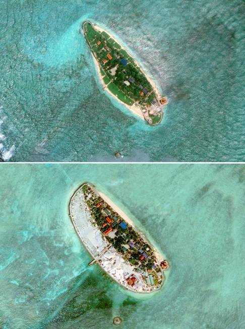 Photos taken in 2011 (top) and 2015 (bottom) show Sand Cay, part of the Spratly Islands chain and occupied by Vietnam. Land expansion can be seen on the west side of the island. Vietnam has carried out significant reclamation at two sites in disputed South China Sea waters, but analysts say the scale of the work is dwarfed by that of China. Photo: AFP