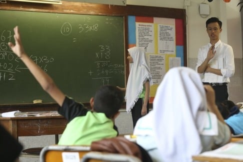 Maths teacher Theron Mok Man-to is free to experiment with his presentations and get to know the children in his class at Teach4HK.