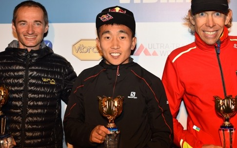 Yan Longfei, who broke the course record last year in 9:52.42, is flanked by second-placed Sondre Amdahl of Norway (right) and third-placed Antoine Guillon of France.